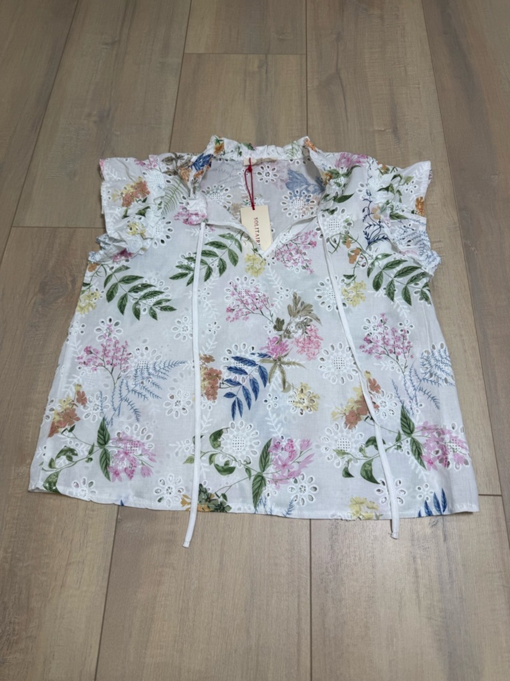 Solitaire White Floral Eyelet Ruffle Neck Blouse